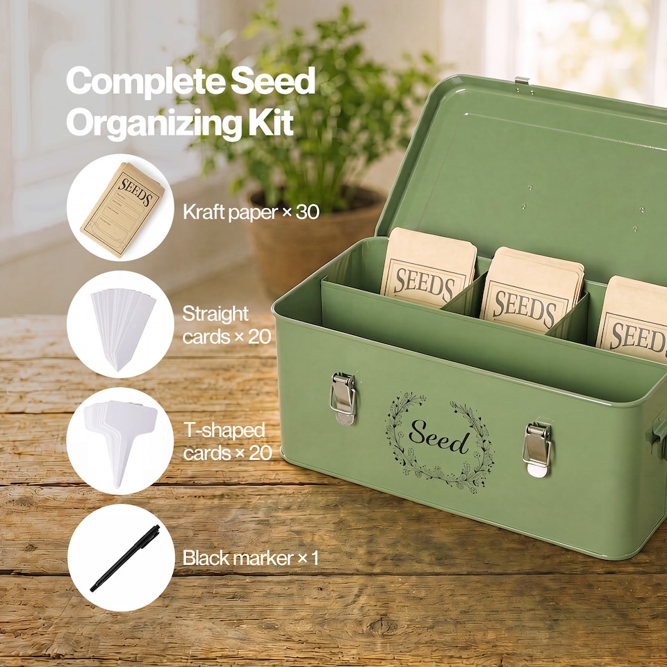 image 1 of TOQUE Seed Box 4-Compartment Storage Box Metal Seed Organiser Dark Green