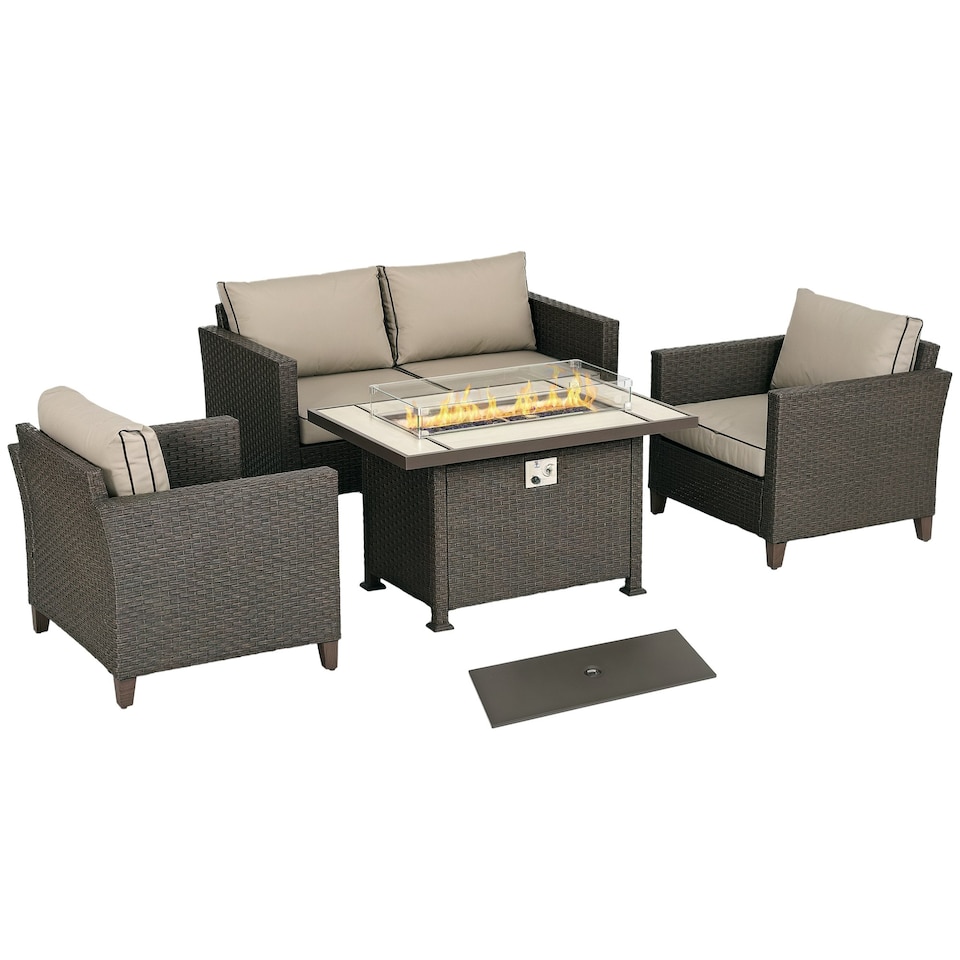image 1 of Outsunny 5 PCs Rattan Garden Furniture Set with Gas Fire Pit Table, Brown