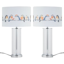 Set of 2 Aura - Chrome Table Lamps with Bird Print Linen Shades Chrome | Multi