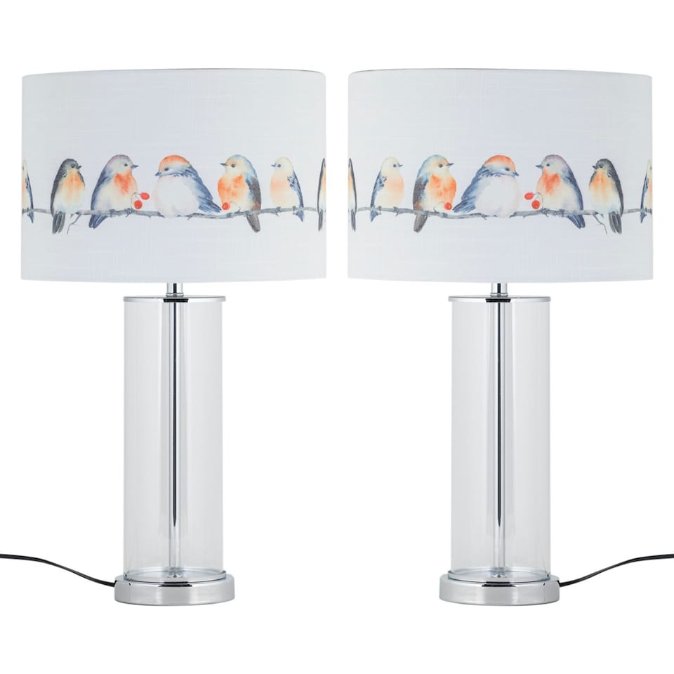 image 1 of Set of 2 Aura - Chrome Table Lamps with Bird Print Linen Shades Chrome | Multi