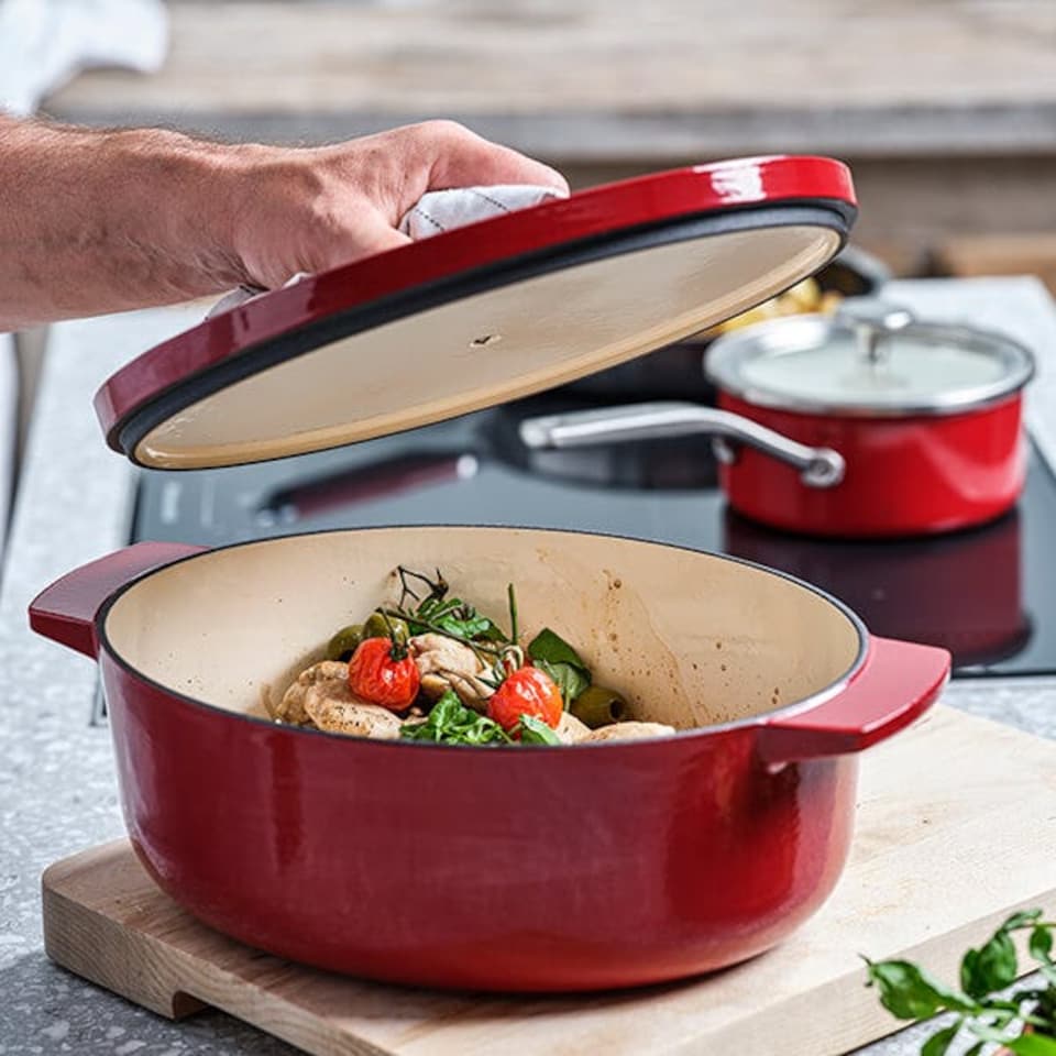 image 1 of KitchenAid Cast Iron Casserole Dish, Non-Stick 30cm, 5.6L Cooking Pot with Lid, Empire Red