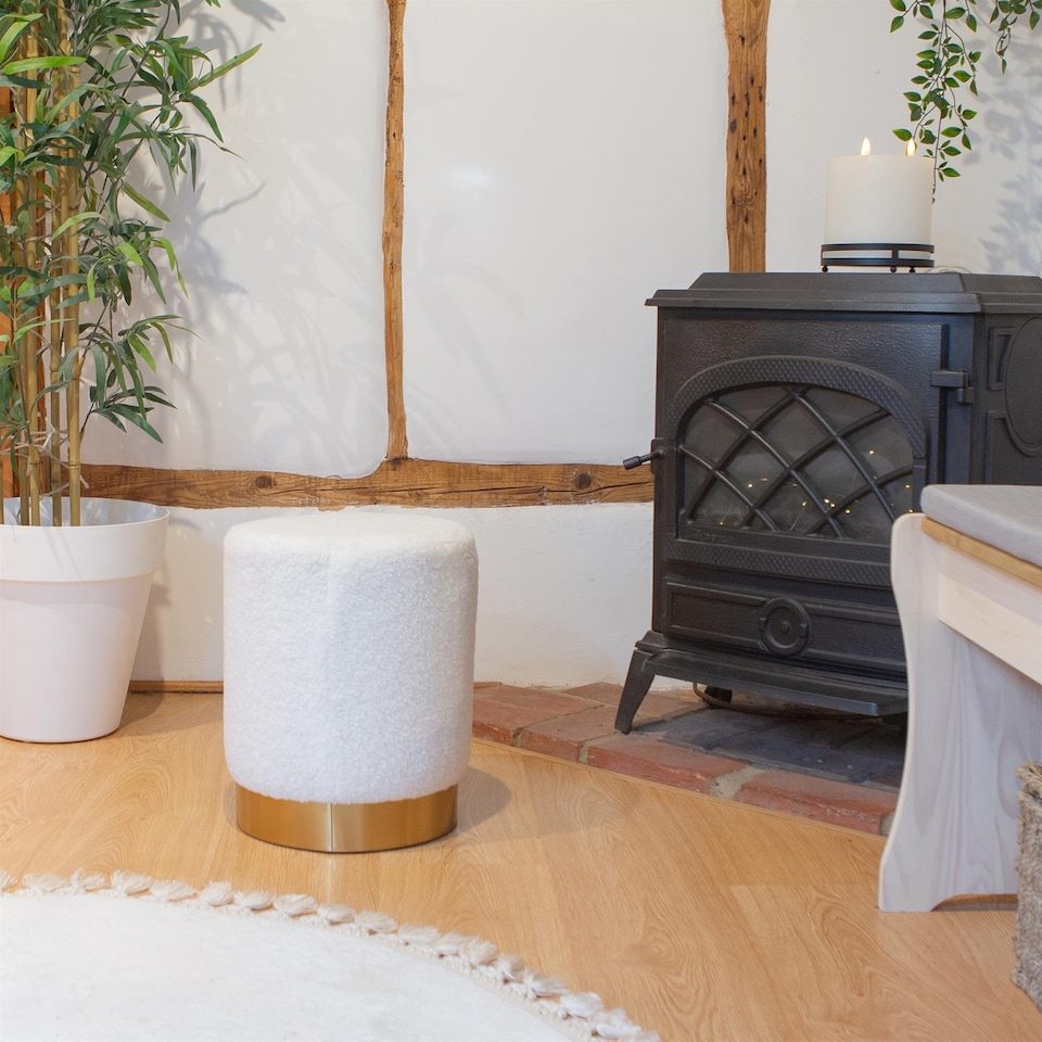 image 1 of Harbour Housewares 2x Round Boucle Pouffes - Cream Modern Dressing Table Footstool Pouffe Vanity Seat Vanity Foot Stool Chair Pouf