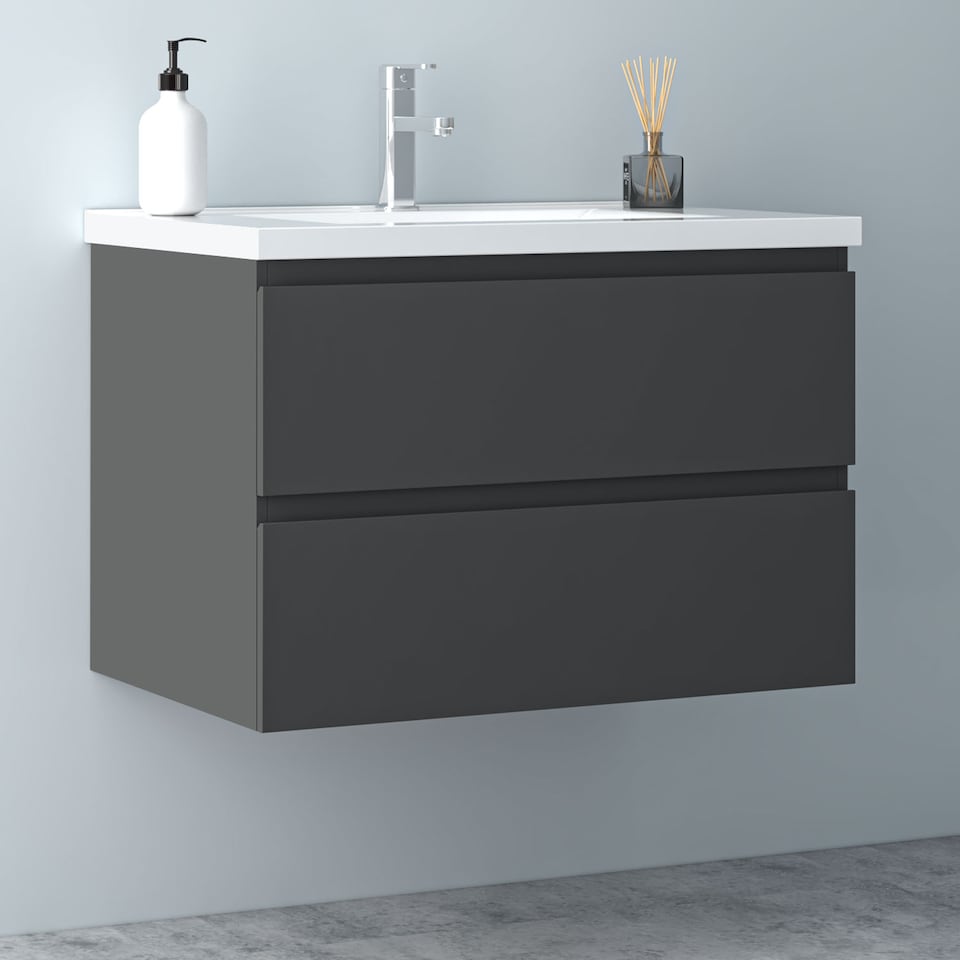 image 1 of AICA 800mm Wall Mounted Bathroom Vanity Unit With Ceramic Basin,2 Soft Close Drawers for Storage,White,Flat packed