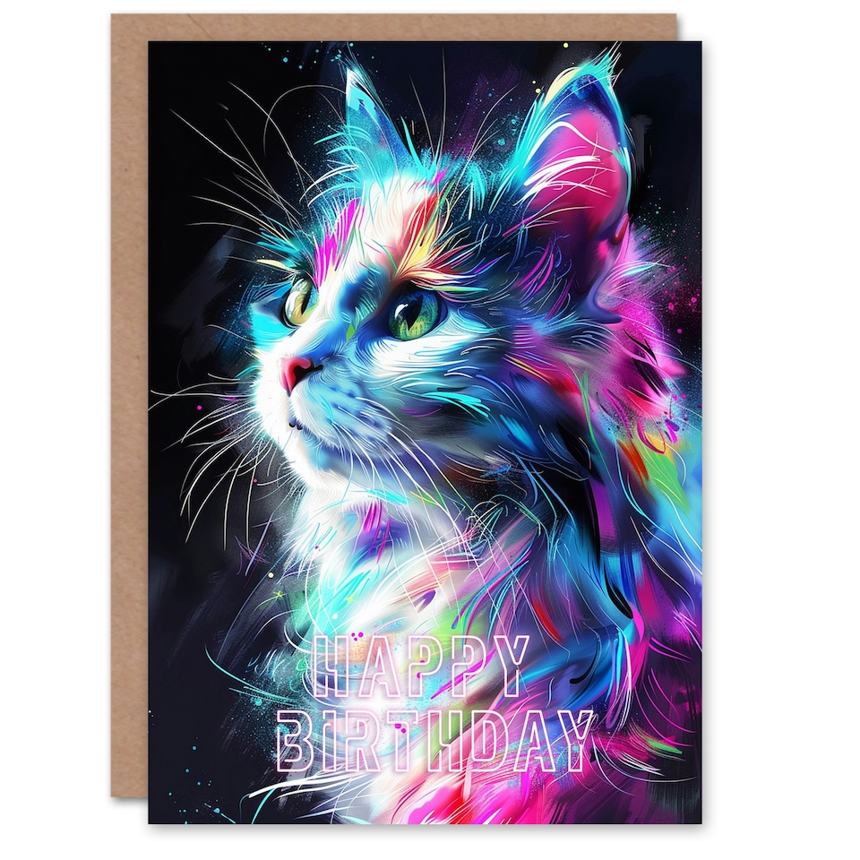 image 1 of Cat Lover Colourful Neon Kitty Portrait For Her Birthday Card