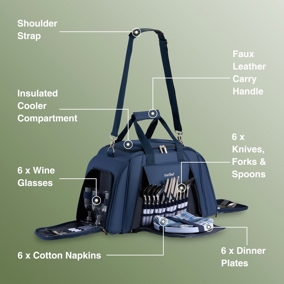 image 1 of VonShef Navy Picnic Holdall Extra Large with Dining Set Blue | 6 Person