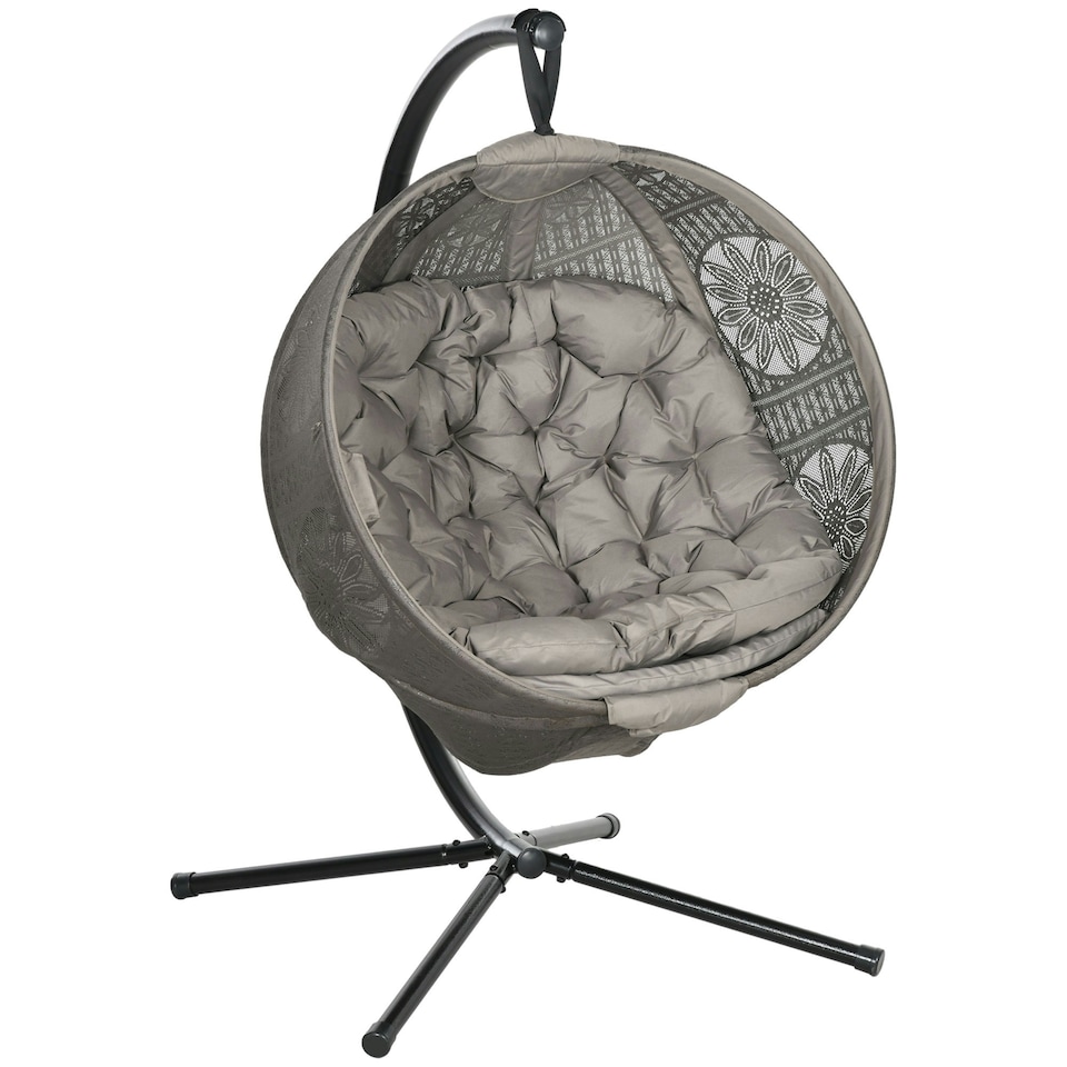image 1 of Outsunny Hanging Swing Chair w/ Metal Stand & Side Pocket, Sand Grey