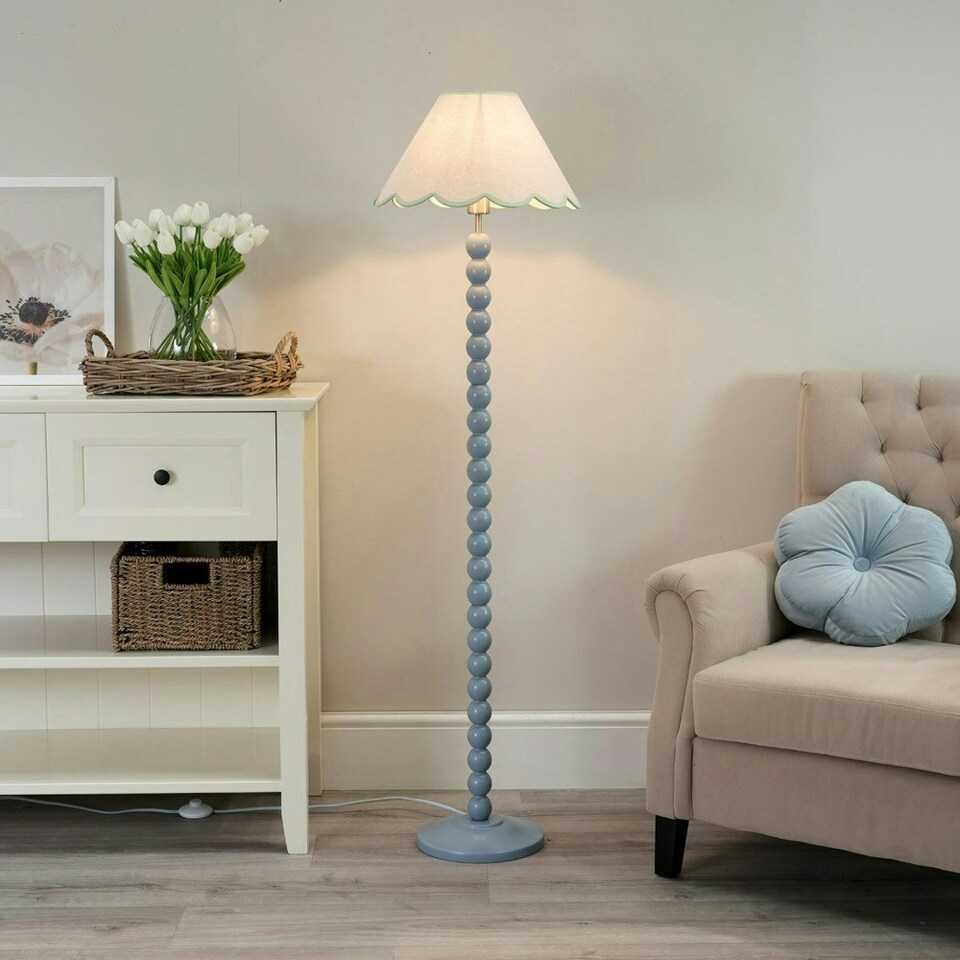 image 1 of ValueLights Bobbles Powder Blue Bobbin Floor Lamp with Green Trim Scallop Shade