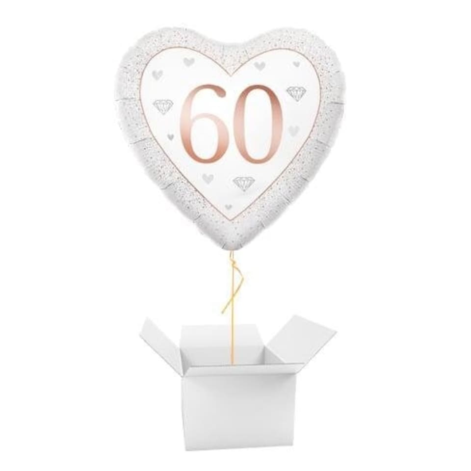 Happy 60th Diamond Anniversary Heart Shape Foil Helium Balloon - Inflated Balloon in a Box | Silver