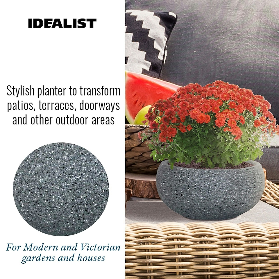 image 1 of Textured Concrete Effect Grey Bowl Outdoor Garden Planter D30 H14 cm, 9.9 ltrs Cap.