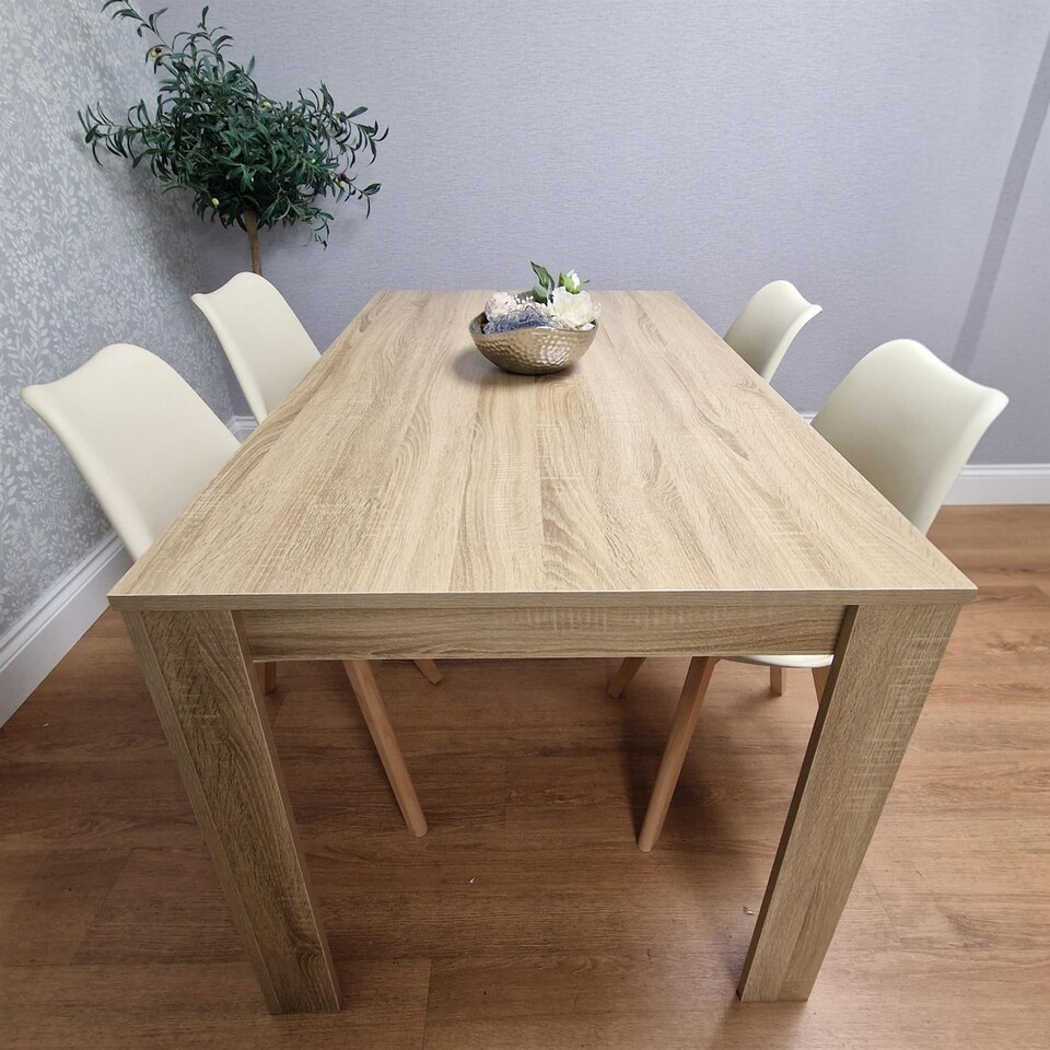 image 1 of Dining Table Set Oak Effect Table With 4 Cream Plastic Chairs Dining Room Furniture | Cream | One Size | 5