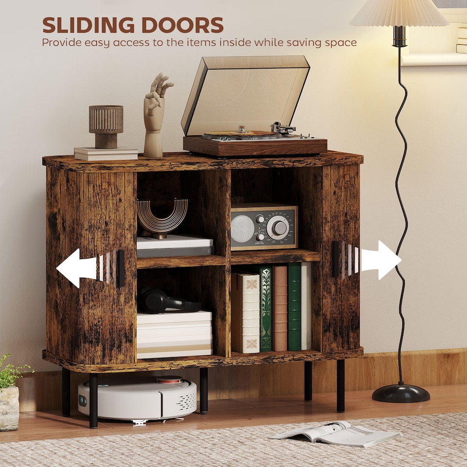 image 1 of HOMCOM Mid-Century Modern Sideboard Storage Cabinet with Slatted Tambour Sliding Doors, Kitchen Cabinet with Steel Legs, Rustic Brown | Brown | Rustic Brown