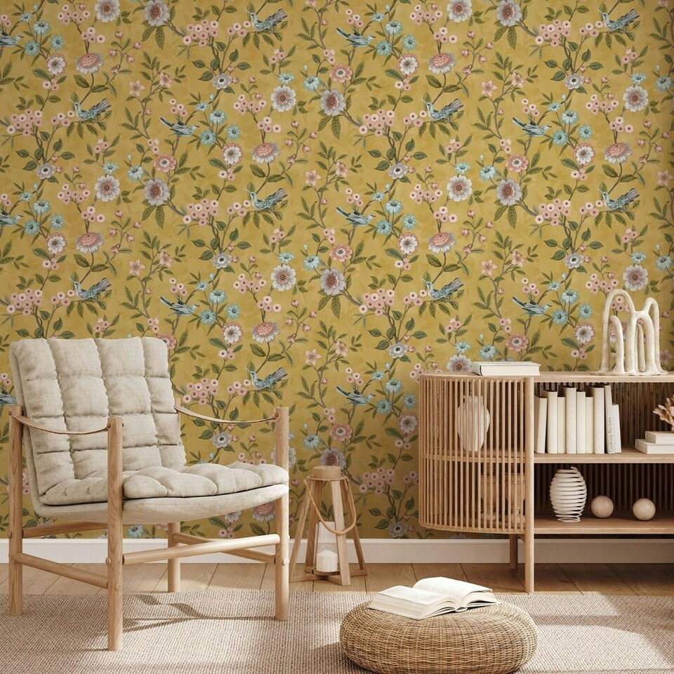 image 1 of Fine Decor Eleanor Floral Wallpaper - Yellow Ochre - 10m x 53cm Yellow