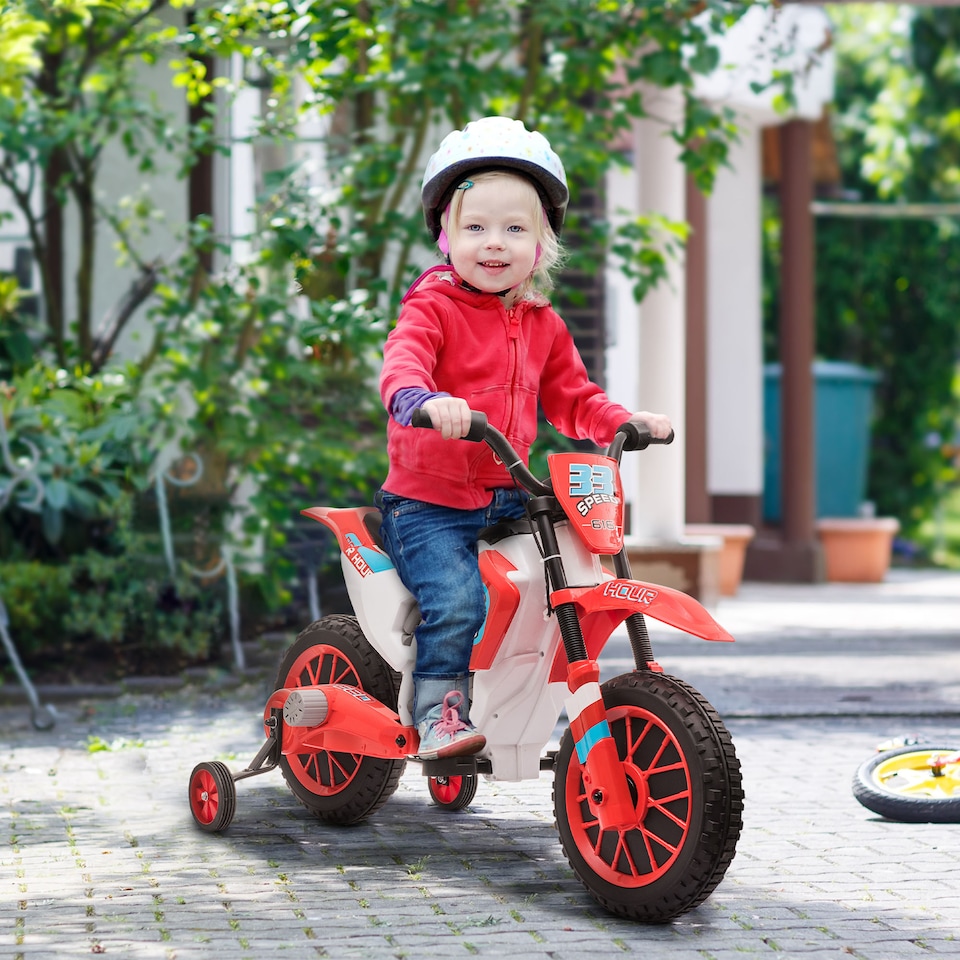 image 1 of HOMCOM Kids Electric Motorbike, 12V Battery Powered Kids Motorbike for Boys and Girls with Training Wheels, Start-up Button, Pedal, for Ages 3-5 Years - Red