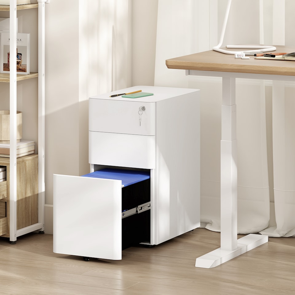 image 1 of Vinsetto 3-Drawer Mobile Filing Cabinet, Lockable Metal File Cabinet with 5 Wheels for A4 Legal Letter Sized Documents, Hanging File Folders, Under Desk, Pre-Assembled Body, 30 x 45 x 59 cm, White | White | White