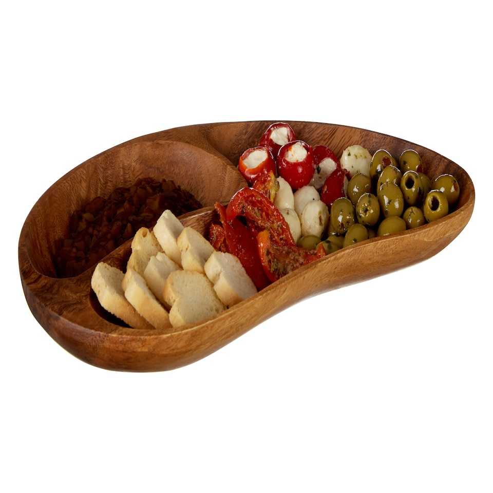 image 1 of Interiors by Premier Acacia Two Section Bean Shaped Dish, Hand Carved Wooden Divided Serving Tray, Rustic Wooden Snack Platter
