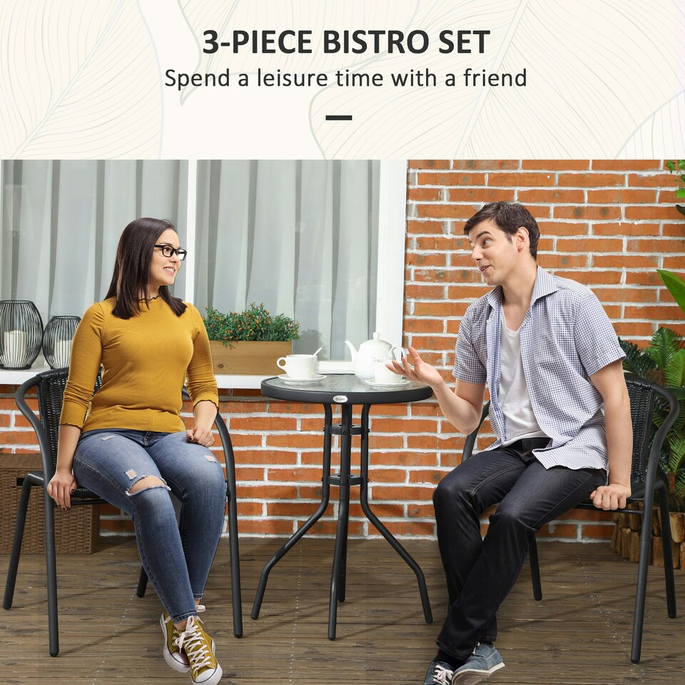 image 1 of Outsunny 3 Pieces Garden Furniture Set with 2 Stackable Chairs, Black