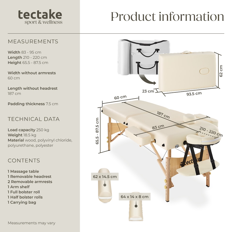 image 1 of Massage Table Set Suman - 2-zone, 7.5 cm padding, including bolsters, bag, head and armrests | Cream | beige | 1