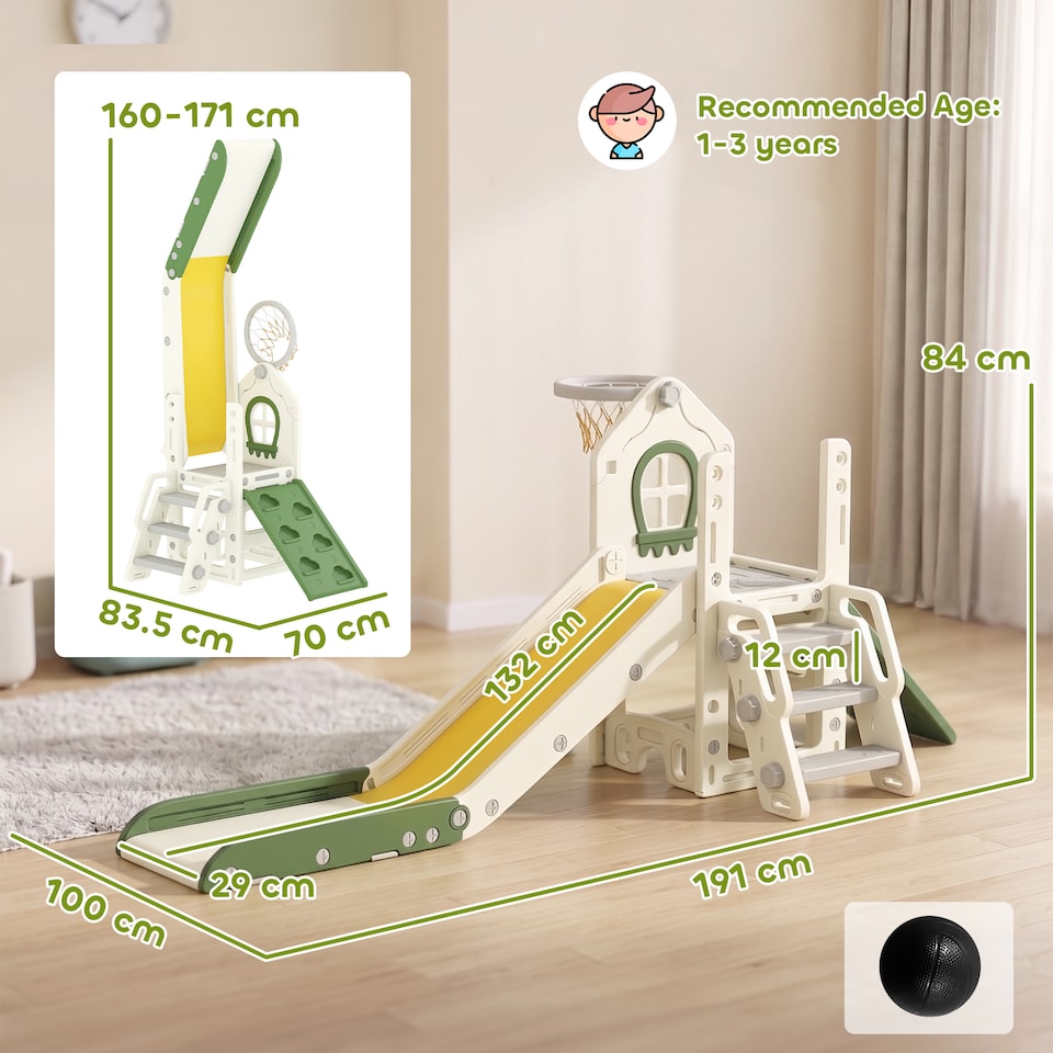 image 1 of AIYAPLAY Foldable 5 in 1 Kids Slide with Climber and Basketball Hoop, Cream