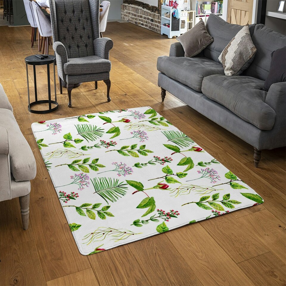 image 1 of Selection of Leaves & Flowers (Rug) Green | Medium: 80x150cm