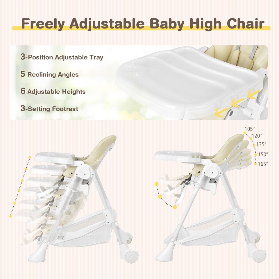 image 1 of COSTWAY Folding Baby High Chair Convertible Dining Chair Portable Highchair-Beige