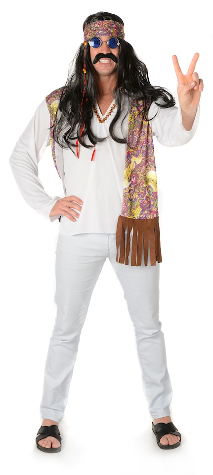 Funky Hippie Mens Fancy Dress Groovy Peace 1960s 70s Adults Costume Outfit New