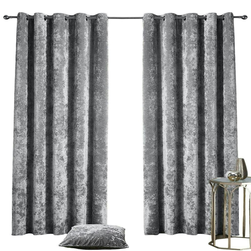 image 1 of Crushed Velvet Fully Lined Eyelet Curtains - Silver - 117x137cm