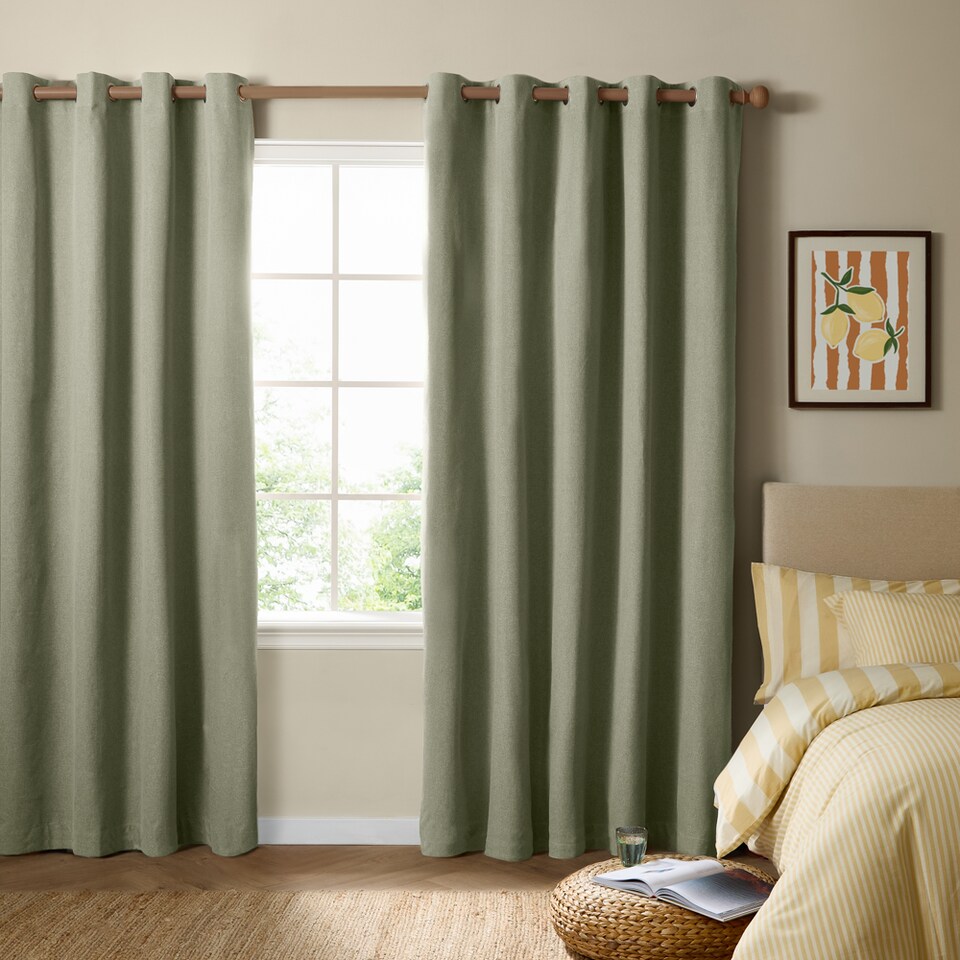 image 1 of Furn The Ultimate Blackout Textured Woven Eyelet Curtain Pair | Green | Sage | 1
