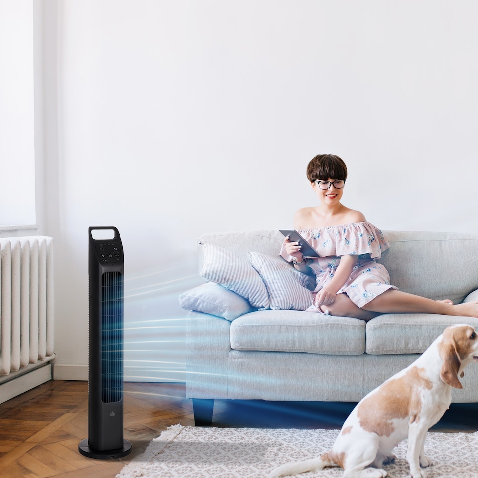 image 1 of HOMCOM Tower Fan, Electric Cooling Fan with Remote, 75 Oscillating, 3 Speed 3 Modes, 7.5H Timer, Quiet Standing Bladeless for Bedroom Office, Black