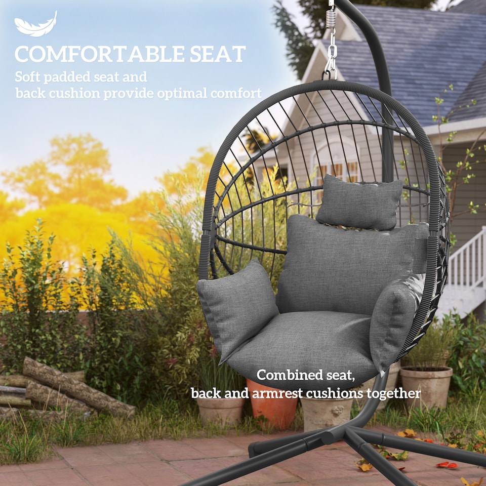 image 1 of Outsunny Outdoor Swing Chair with Thick Padded Cushion, Patio Hanging Chair with Metal Stand, Foldable Basket Egg Chair with Cup Holder, Rope Structure, for Indoor and Outdoor, Grey | Grey