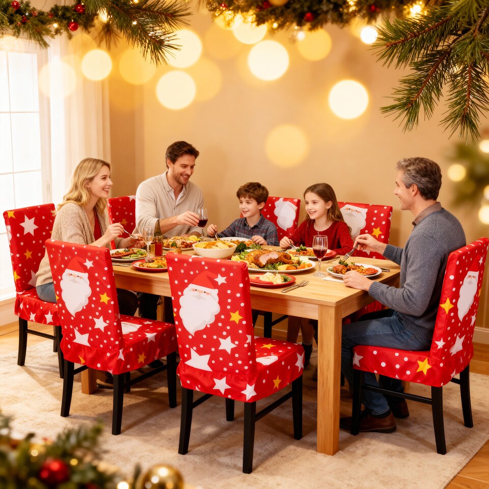 image 1 of Santa Claus Printed Christmas Chair Covers, Chair Protector Slipcovers - Red