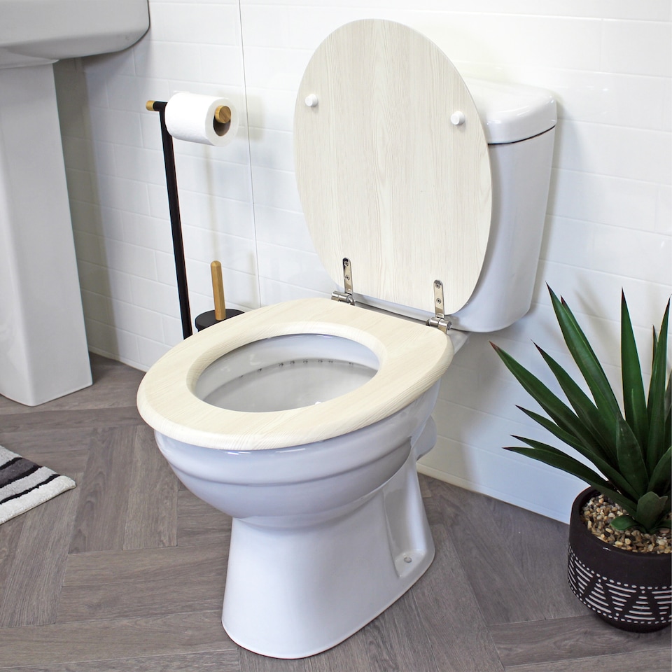 image 1 of Showerdrape Oxford White Oak Wooden Toilet Seat | White | 1