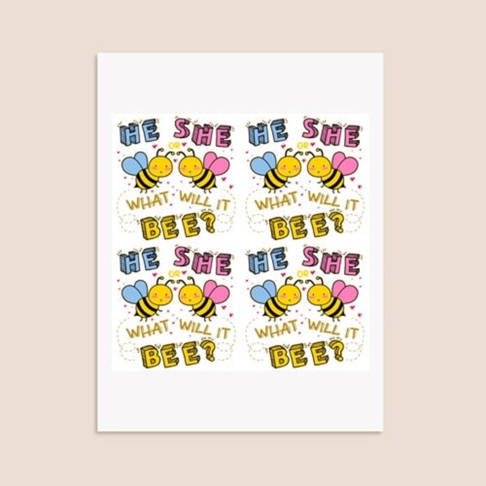 image 1 of What Will it Bee Gender Reveal Square Stickers 95mm - Sheet of 4