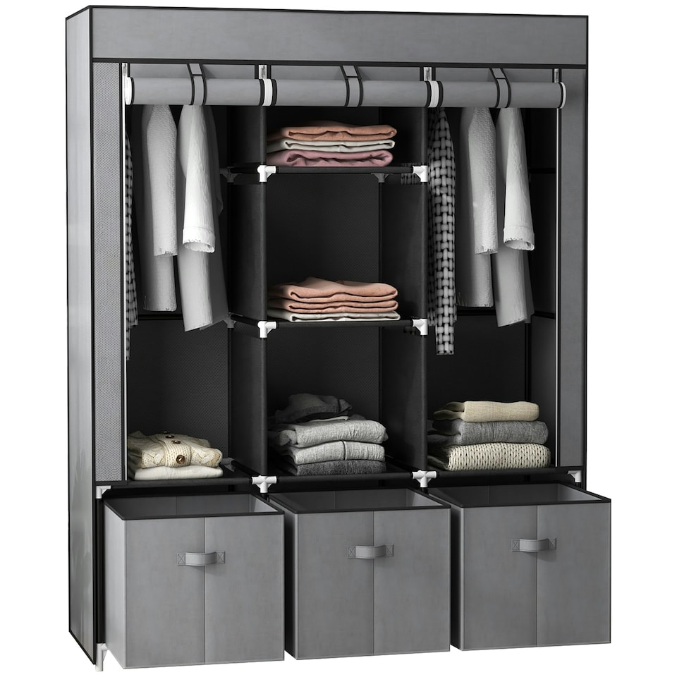 image 1 of HOMCOM Portable Fabric Wardrobe with 5 Shelves and 3 Fabric Drawers, Grey