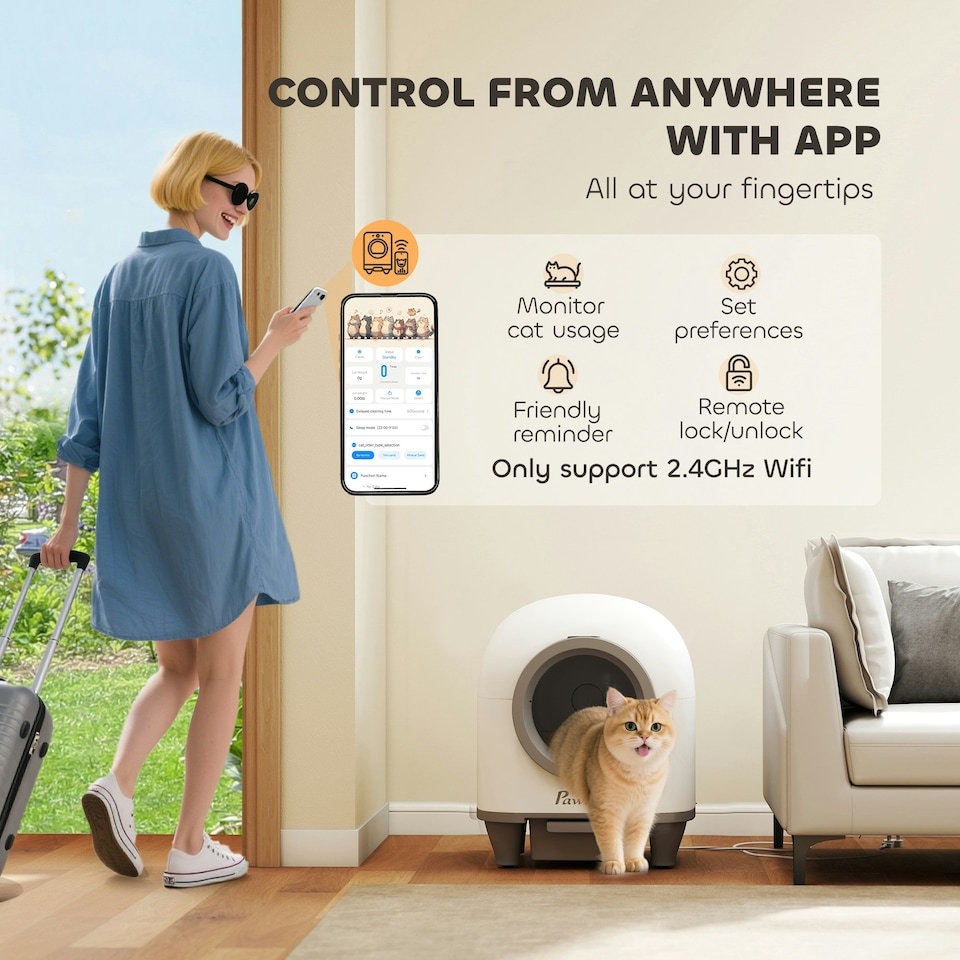 image 1 of PawHut 80L Self Cleaning Cat Litter Tray with APP Control Safety Protection White | One Size