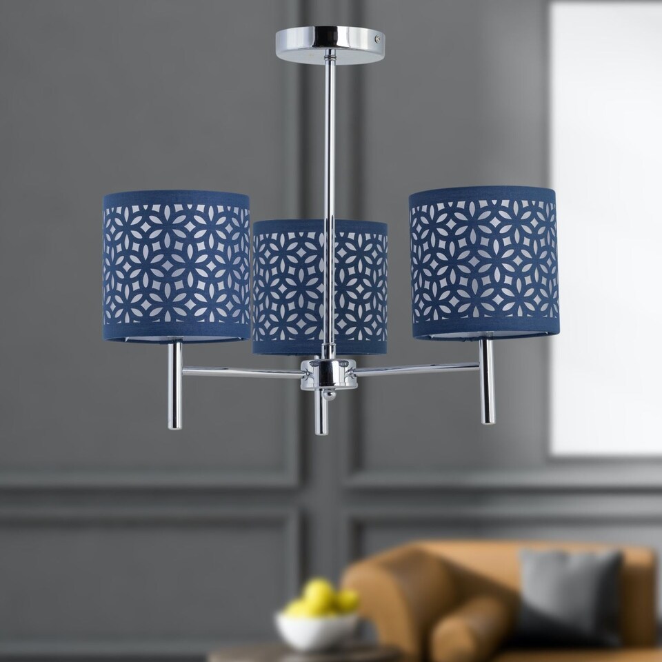 image 1 of Brea - Chrome 3 Light Fitting with Navy Blue Cut Out Shades | Chrome | Blue | 1
