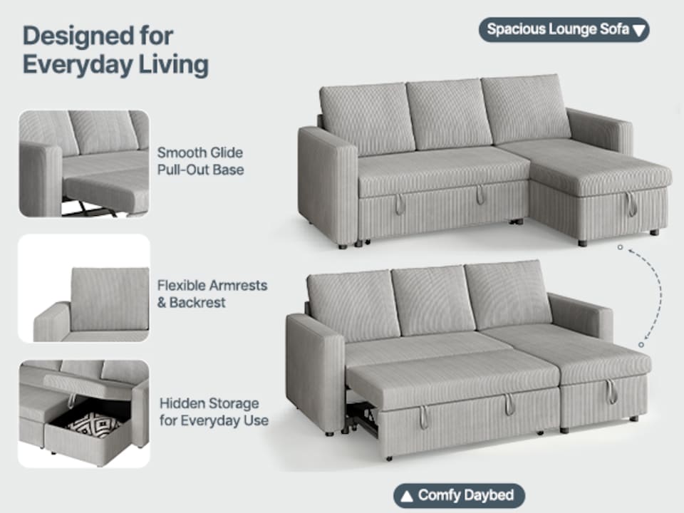 image 1 of Yaheetech 3 Seater Convertible Sectional Sofa with Reversible Chaise, Pull-Out Sleeper Bed and Storage Compartment, L-Shaped Couch, Light Grey