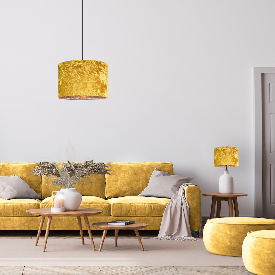 image 1 of Modern Shiny Ochre Crushed Velvet 10 Inch Table-Pendant Shade with Copper Inner | Yellow