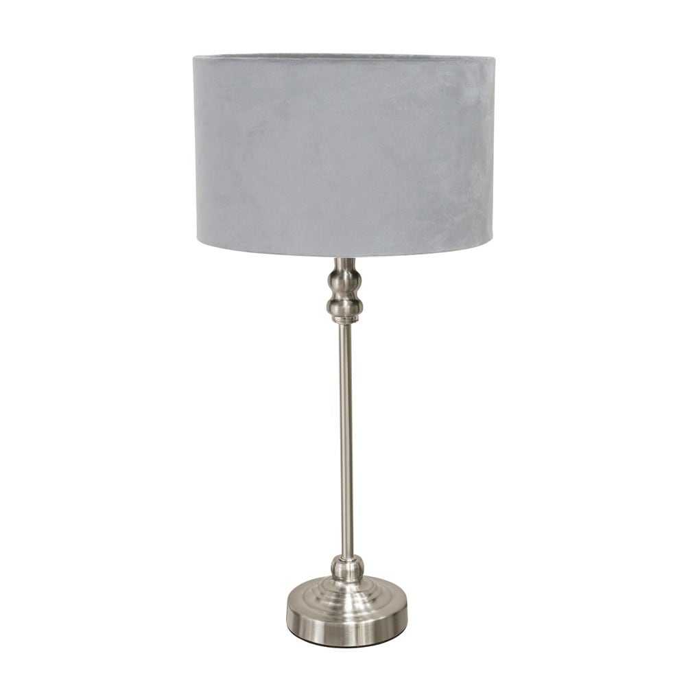 ValueLights Maggie Brushed Chrome Candlestick Slim Table Lamp with Velvet Drum Lamp Shade in Grey