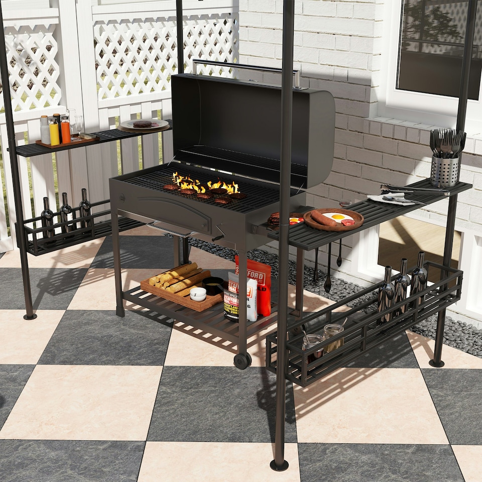 image 1 of Outsunny 8' x 5' Grill Gazebo Canopy with 2 Side Shelves, Hook, Beige