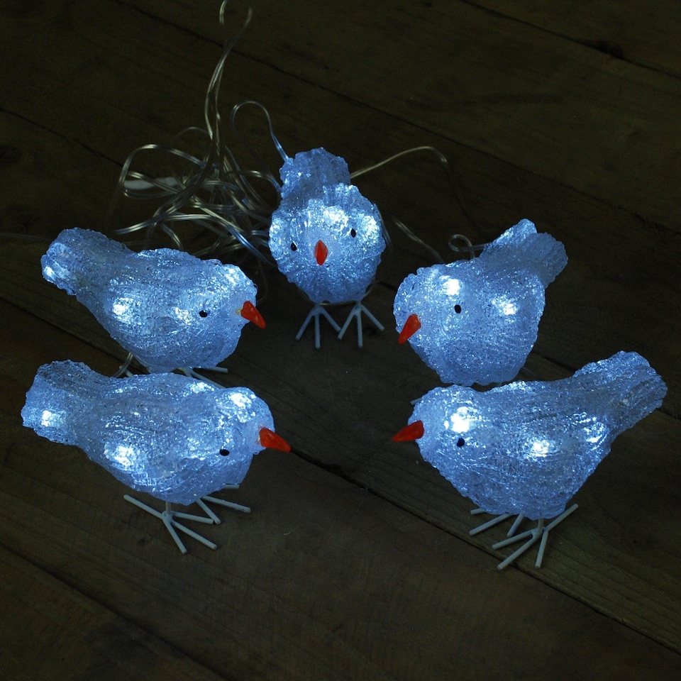 image 1 of Set of 5 16cm Christmas Acrylic Birds with 30 White LEDs indoor outdoor Decoration
