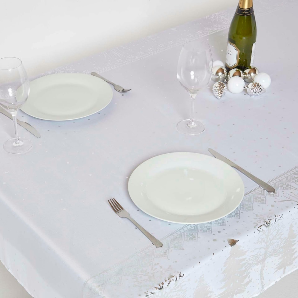 image 1 of Homescapes Silver Forest Christmas Table Cloth - 132 x 228 cm | Silver | 132 x 228 cm