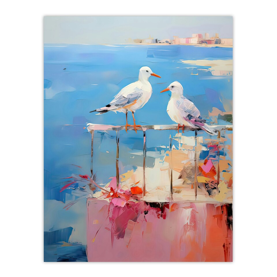 image 1 of Seagulls Seaside Birds By Beach Abstract Oil Pink Orange Black Framed Wall Art Print A4