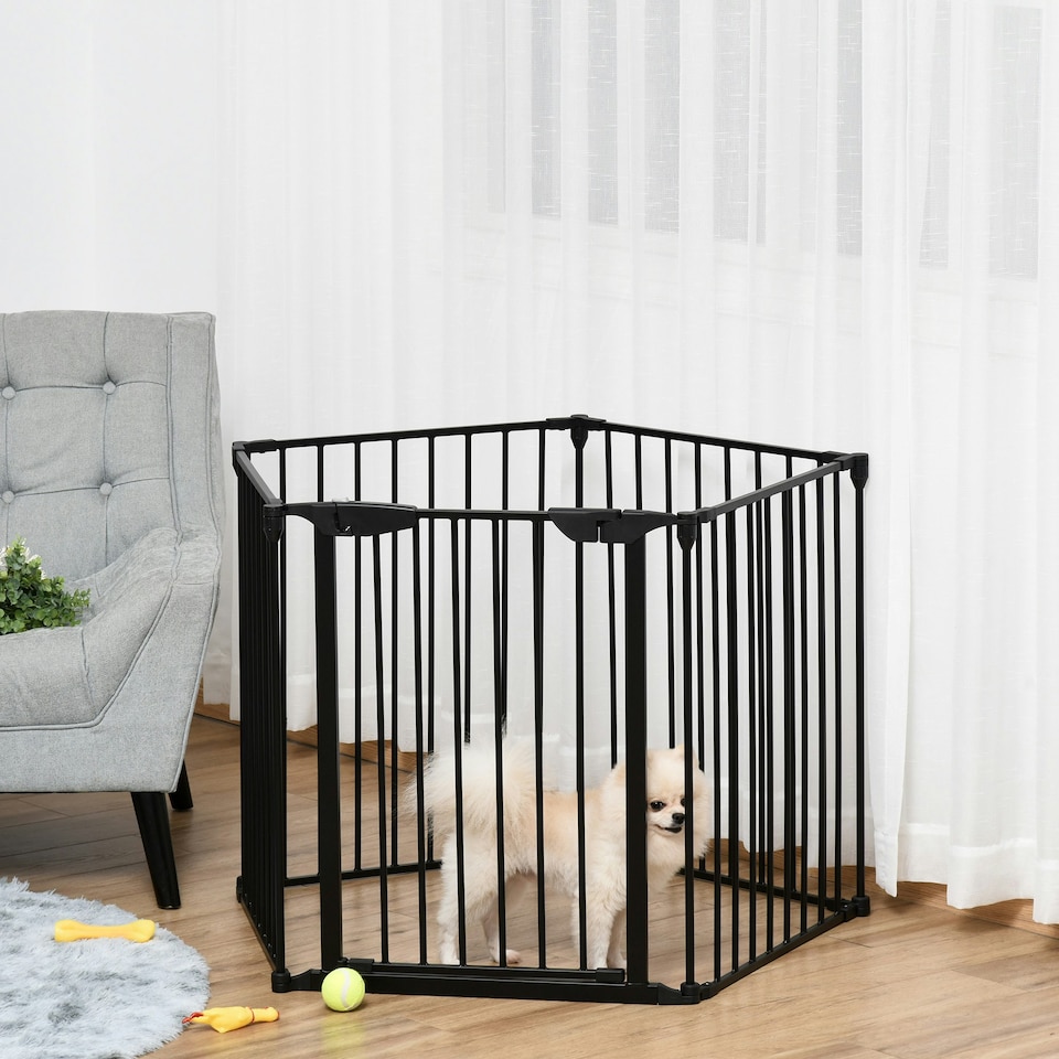 image 1 of PawHut Pet Safety Gate 5 Panels Playpen Metal Fence w/ Walk Through Door - Black