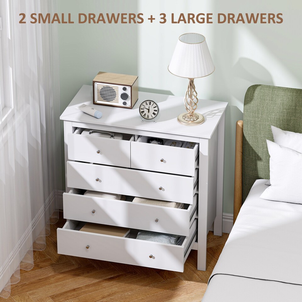image 1 of HOMCOM Modern Chest of Drawers, 5 Drawer Storage Cabinet with Metal Handles and Runners for Bedroom, White
