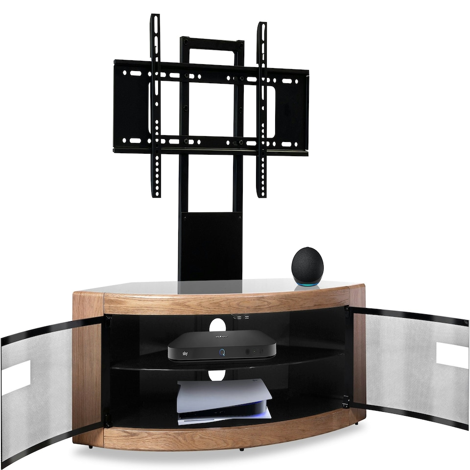 image 1 of Centurion Supports PANGEA Black/Oak Beam-Thru Curved True-Corner 32"-50" TV Cabinet with Mounting Arm Black | Oak