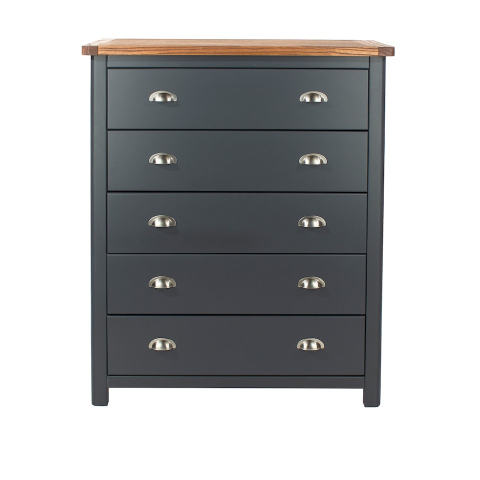 image 1 of Dunkeld 5 Drawer Chest - Midnight Blue Painted Wood Bedroom Storage with Antique Oak Effect Top and Silver Handles | Blue | Blue | 1