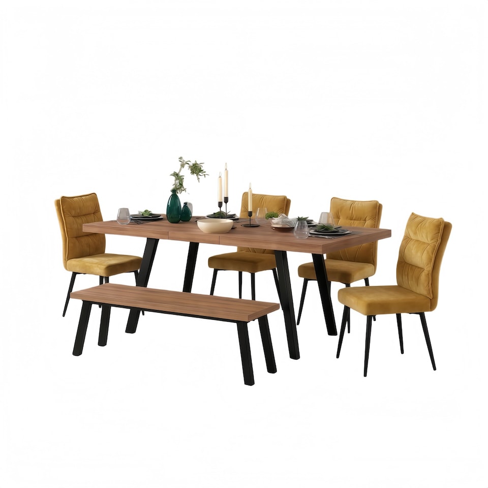 image 1 of 6-Piece Dining Set, Expandable Dining Table with 4 Brown Padded Chairs+Bench