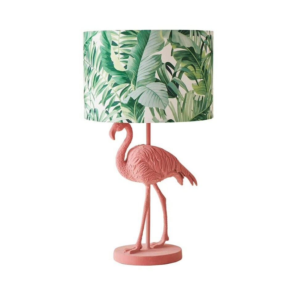 image 1 of ValueLights Pink Velvet Flamingo Bedside Table Lamp with Tropical Palm Leaf Drum Lampshade Animal Light - Bulb Included Pink