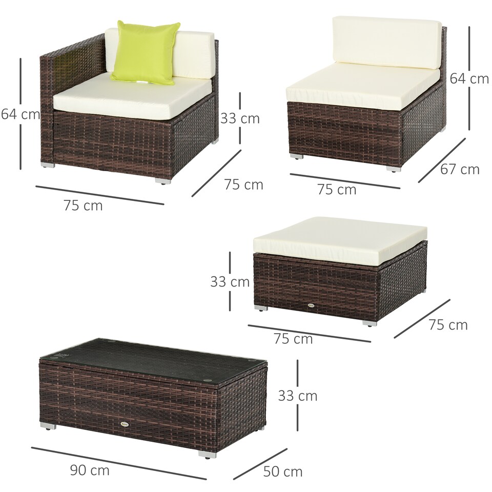 image 1 of Outsunny 5 Pieces PE Rattan Garden Furniture Set with Cushions, Outdoor Corner Sofa, Patio Sectional Conversation Furniture Sets with Glass Top Coffee Table, Brown