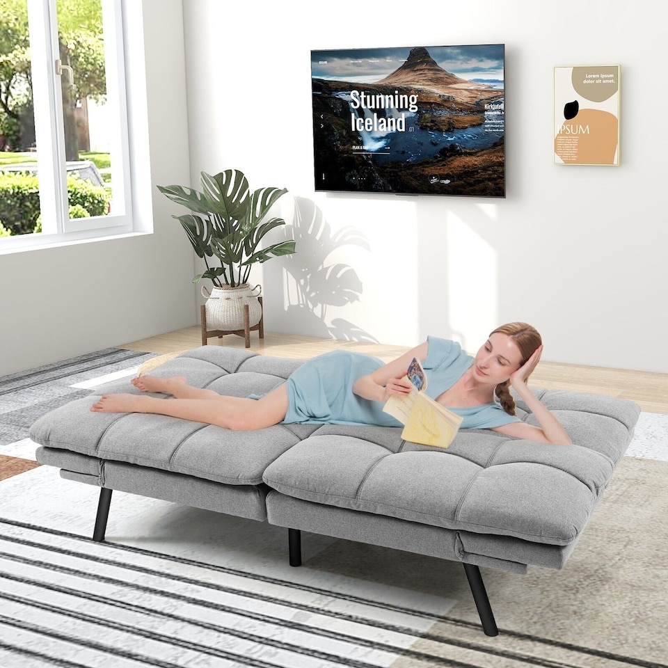 image 1 of COSTWAY 2 Seat Memory Foam Sleeper Couch Convertible Loveseat Sofa Bed Grey